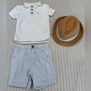 Tommy Bahama White Polo Tee & Light Blue Seersucker Shorts with Straw Hat 12M